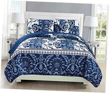 Mk Collection 3pc Bedspread Coverlet Set Quilted Floral White Navy Full/Queen