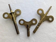 3 Antique Brass Clock Keys 2 Double End 3" long, 1 Signed Eagle Lock Co 1 1/2 lg