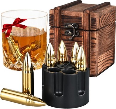 Whiskey Stones Gift Set 6 Pcs Reusable Ice Cubes Gold EooCoo Fathers Gifts Cool