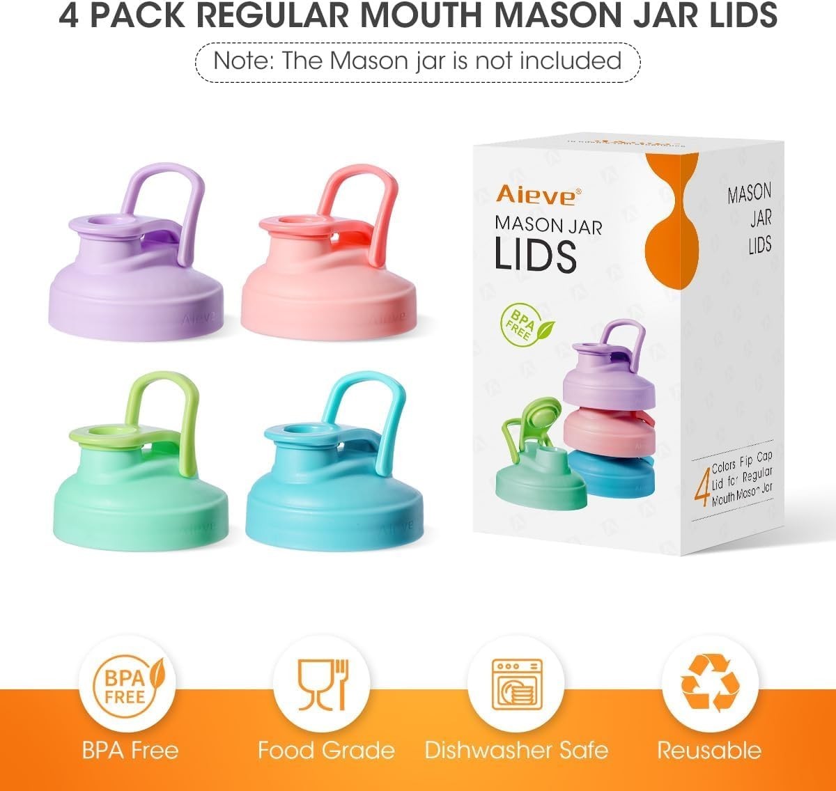 4-Pack Leak-Proof Flip Top Mason Jar Lids - Colorful & Reusable for Drinks