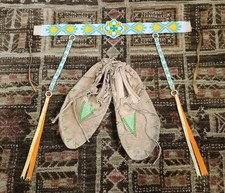 VTG Native American Powwow Regalia Lot Grass Dance Beaded Headband  Moccasins
