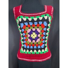 Vintage 70's Handmade Multicolored Crochet Knit Granny Square Sweater Vest Crop