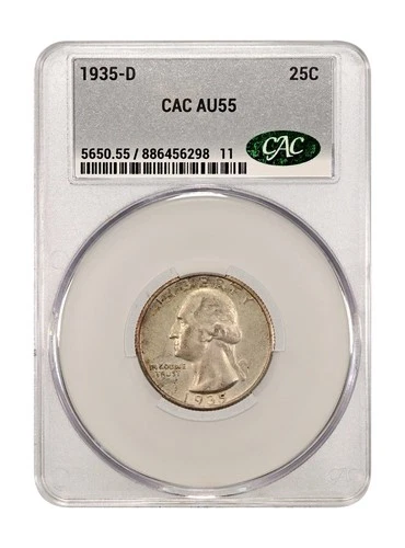 1935-D Washington quarter, CACG AU55 choice, cartwheel luster Satin Tone