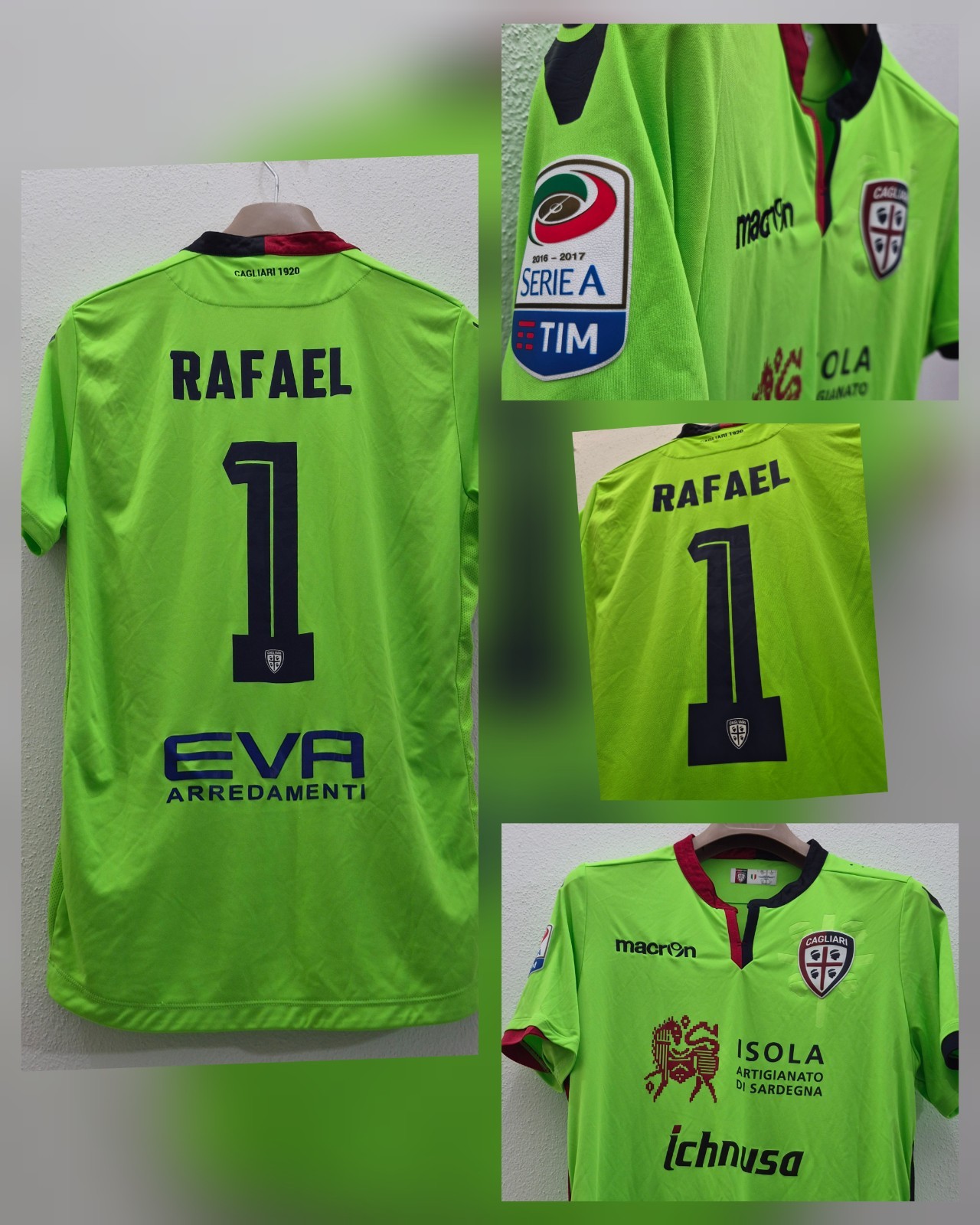 Maglia Macron del Cagliari Calcio di Rafael stagione 2016/17 verde fluo taglia L