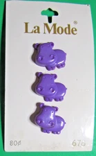 (3) VINTAGE 3/4" La MODE HIPPOPOTAMUS PURPLE PLASTIC SHANK NOVELTY BUTTONS-D1