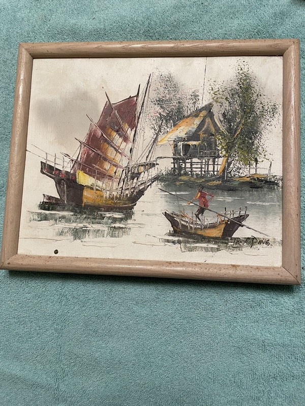 Tang Pang Watercolor Mid-Century Chinese Junk Boat in Harbor Signed