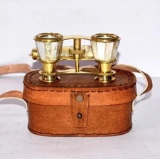 Brass Vintage Opera Glasses Mother of Pearl  Handle Brass With Leather Case