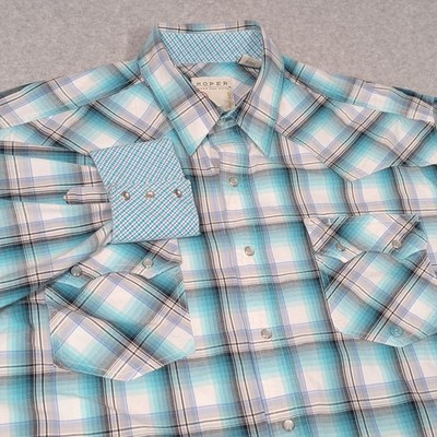 Roper Western Pearl Snap Shirt Mens Size Large Blue Plaid Long Sleeve Cowboy
