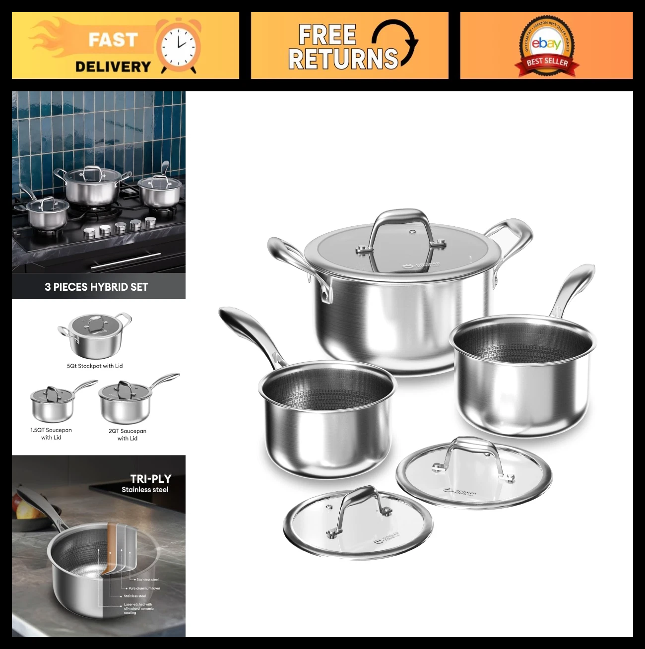 Nonstick 6-Piece Pot Set - 1.5QT & 2QT Saucepans, 5QT Pots, Induction Cookware,