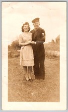 Vtg B&W Snapshot Smiling Couple In Sailor Uniform 1940s