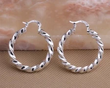 Womens 925 Sterling Silver 35mm Round Twisted Hoop Pierced Earrings #E355