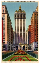 Linen Postcard Park Avenue Showing New York Central Building Linen