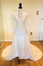 Vintage Ivory Long Sleeved Beaded Bridal Wedding Gown, Illusion Bodice, PS/PM