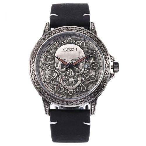 Men's Skull Design Sports Quartz Watch with Genuine Leather Strap and 30M Water - Picture 7 of 40