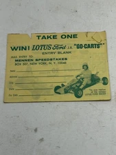 1965 WIN! LOTUS FORD JR GO-CARTS 3"x 4" ENTRY BLANK OFFICIAL MENNEN SPEEDSTAKES