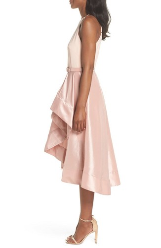 ELIZA J Blush Pink Belted Taffeta Scuba Crepe High Low Tea Length Midi Dress 14 - Picture 4 of 6
