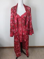 Vintage 2pc SATIN Red GOWN Nylon Floral Nightgown Long Robe SET Large D4S