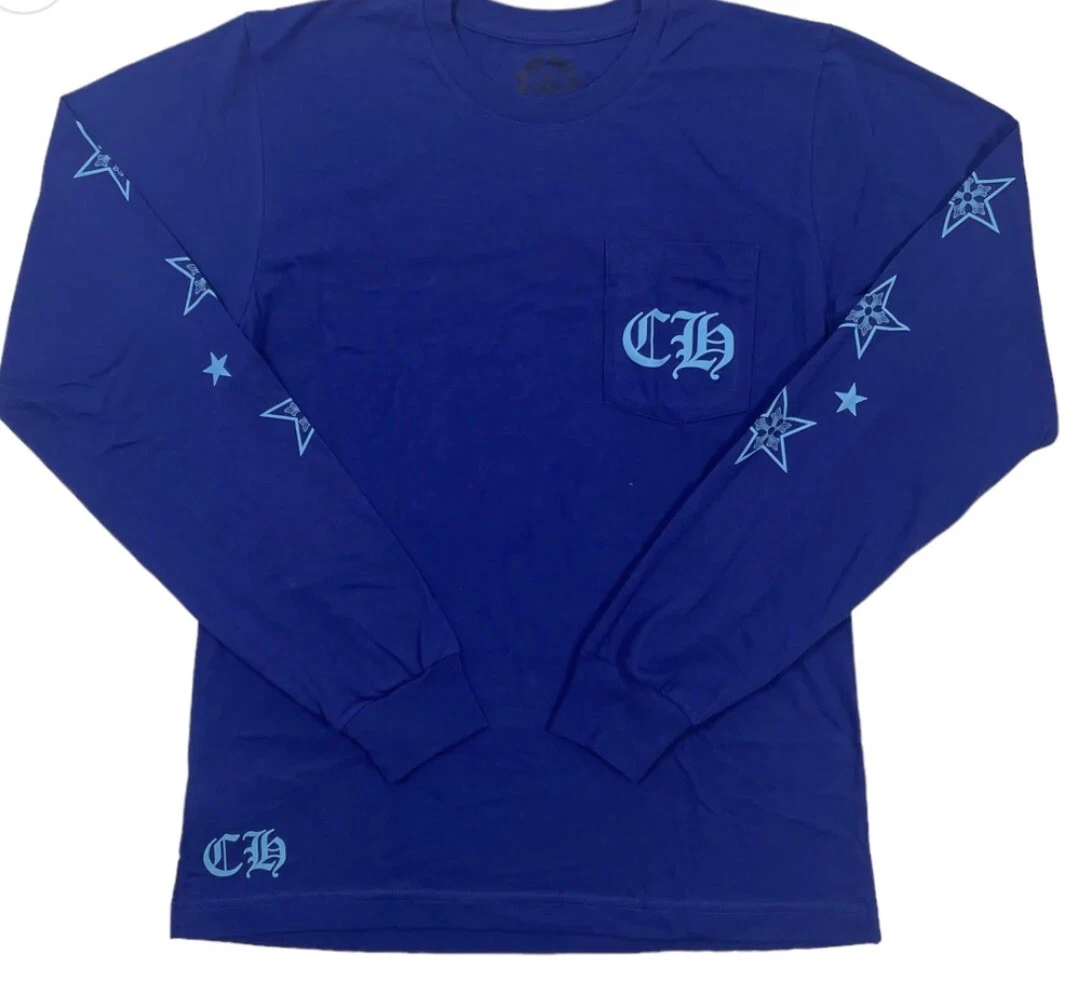Chrome Hearts Stars CH Pocket Log Long Sleeve Tee Shirt Lapis Blue Size M