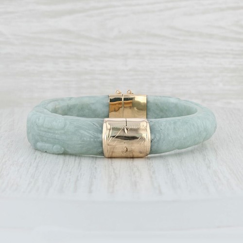 Tallado Jade Dragón Pulsera 14k Dorado Verde Jadeíta 7" Asiático Tendencia - Imagen 3 de 7