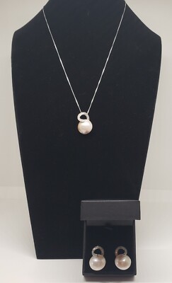 Mobe Pearl Opaque & Diamond Necklace/Earring Set 16-18MM
