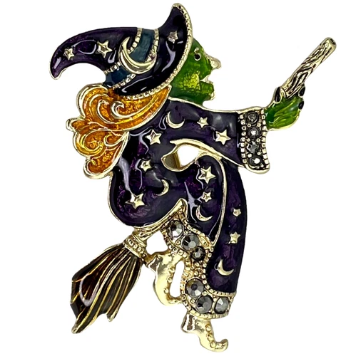 Napier Orange Haired Witch Pin Brooch Green Face Broom Crystal Enamel New w Box