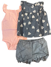Carter's 3-Piece Chambray Little Short Set Bodysuit Heart Top Size 18 Months