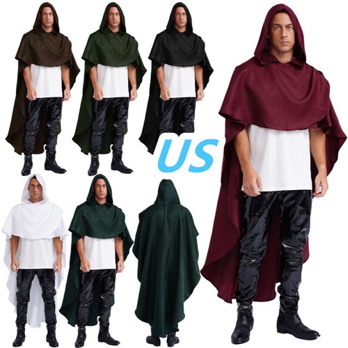Herren Renaissance Mittelalter Umhang Cape mit Kapuze Halloween Vampir Zauberer Kostüm