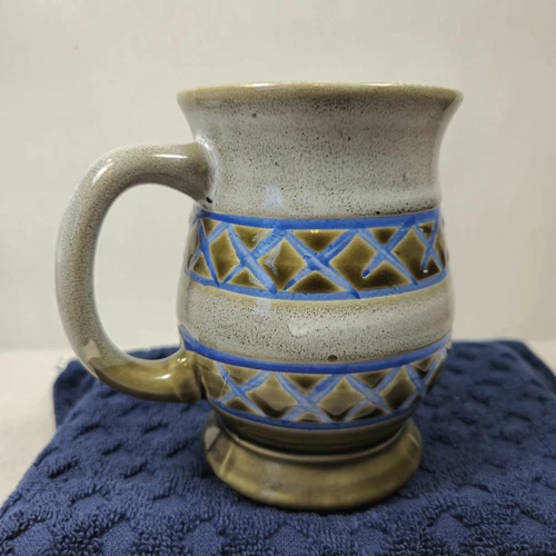 Vintage Pottery Mug Glazed Green Blue Geometric Design Decor Japan
