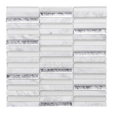 Calacatta Marble Stone White Glass Silver Trim Stacked Mosaic Tile Backsplash