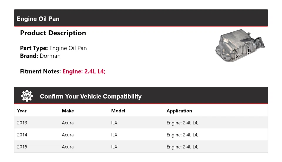 Para Acura ILX 2013-2015 2,4 L L L4 motor Dorman cárter de aceite 2014 Foto 2 de 4