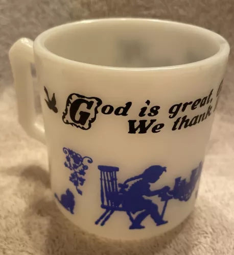 Hazel Atlas Milk Glass 6 oz Cup/Mug with Child’s Prayer God Is Great….- EUC