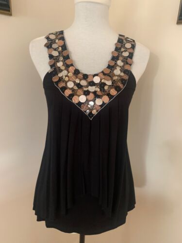 Akiko Womens Juniors Black Copper Silver Sequins Beaded Blouse Tank Top Size XS - Picture 1 of 12