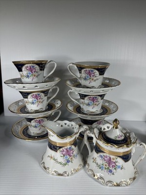 15pc TEA SET by Sorelle Fine Porcelain 'ROSES, Gold & Cobalt Blue