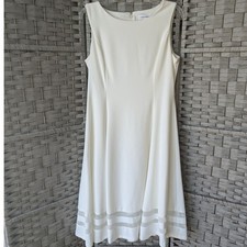 Calvin Klein Fit & Flare Dress White Mesh Stripe Hem Sleeveless 12 Bridal *READ