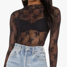 Black Top Embroidered Lace Sheer Long Sleeve Sz M Whimsigoth Dark Romantic