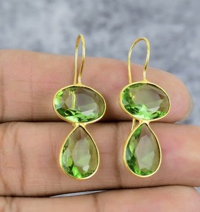 Authentic ! Handmade 925 Sterling Silver Gold Plated Peridot Drop Earrings