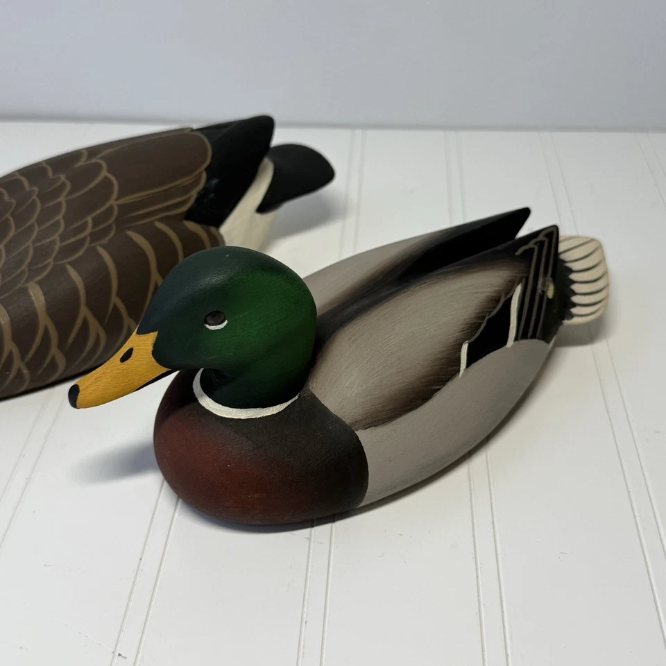 Vtg 1979 Don Allen Hand Carved Wood Duck Goose Decoy Pair Signed Folk Art - Image 2 of 4