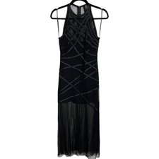 90s Tadashi Bodycon Dress Ribbon Accent Mesh Sheer Mini Maxi Gown Avant Garde