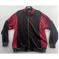 VTG Norm Thompson Velour Track Jacket Mens XL Burgundy Black Full Zip Collared