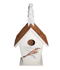 Wooden Birdhouse with Bird Decal and Metal Rustic Roof 13.5 in.