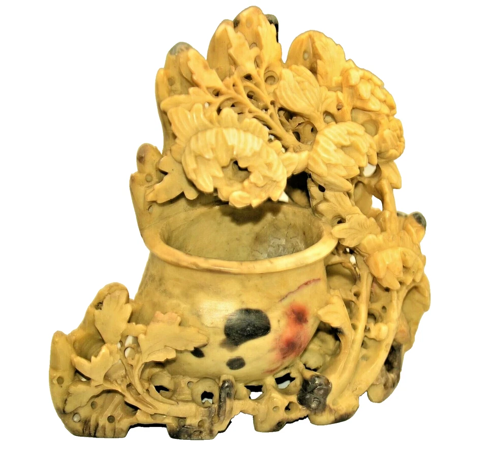 Antique Chinese Carved Soapstone Inkwell Incense Floral Bird Sculpture Statue - Image 3 of 4