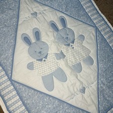 Baby Quilt Handmade Embroidered Blue/White Bunny And Hearts Boy Or Girl NEW