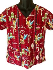 Disney Scrub Top Women's Small Red Tinkerbell Christmas Ornaments Candy Canes