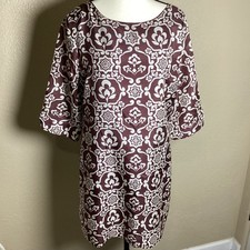Velvet by Graham & Spencer Brown Silk Damask Print Shift Dress Small Made USA