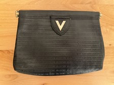 Authentic Mario Valentino Vintage Clutch Bag Black Leather Pouch Second V logo