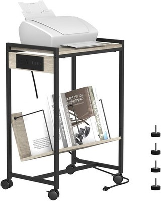 2-Tier Mobile Printer Cart Printer Shelf Charging Station Rolling Printer Table