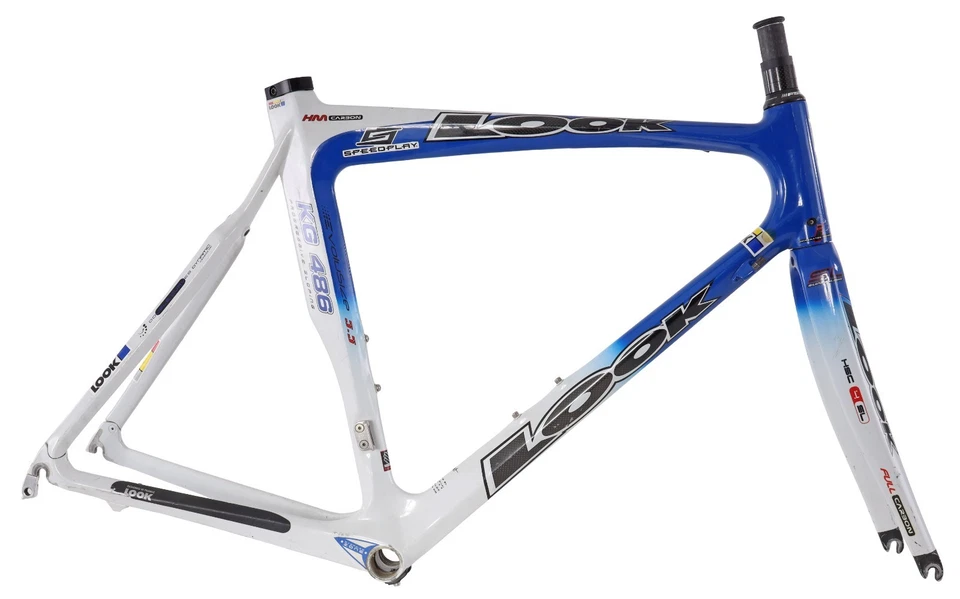 Cuadro de carbono para bicicleta de carreras de carretera LOOK KG486 blanco/azul freno de llanta QR 55 cm 700c 2004 Foto 2 de 4