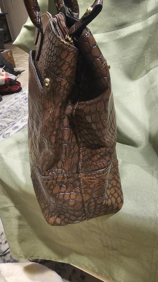 London Fog Womens Shoulder Bag Brown Faux Leather Croc Print Multi Pocket Tote - Image 4 of 4