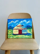 Original Acrylic Painting “Yurt in the Mountains” – Bright Landscape Canvas Art,