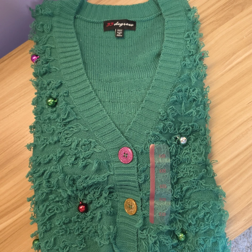 33 Degrees Women's Green Knit Christmas Tree Ornaments Cardigan Sweater Size XXS - Image 1 of 4